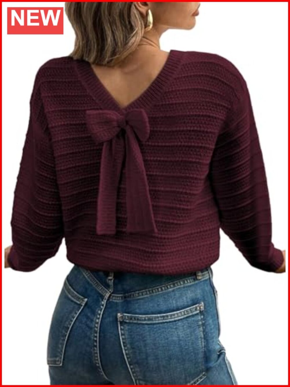 Womens Bow Back Sweater Pullover Knit Top Long Sleeve Fall Outfit